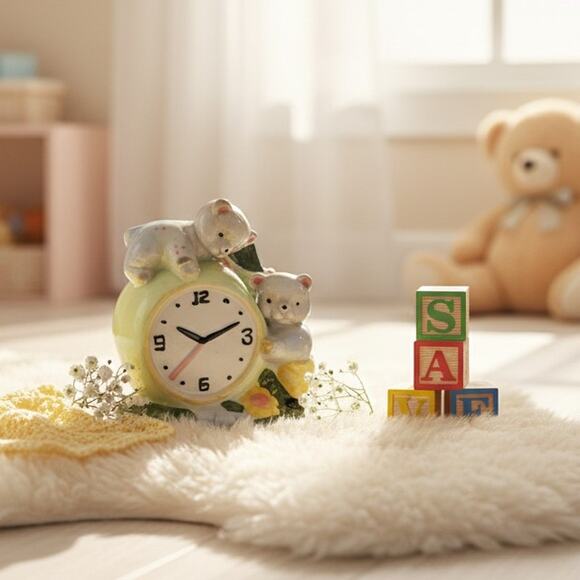 Vintage 1970s Ceramic Bear Clock Piggy Bank | Hand-Painted Pastel Nursery Decor - Picture 3 of 10